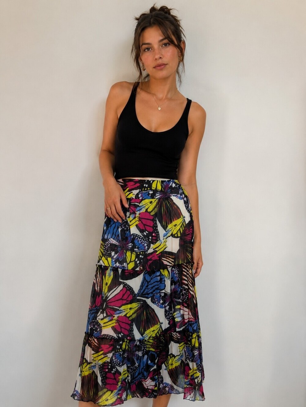 São Paulo Butterfly Print Tiered Midi Skirt | US 10 | Colorful Mesh Overlay